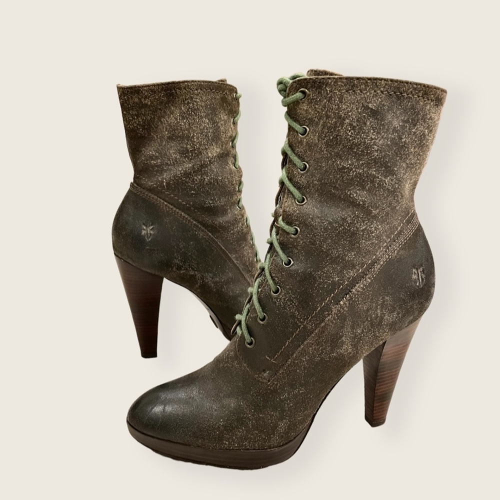 Frye Green Distressed Leather Heeled Boots